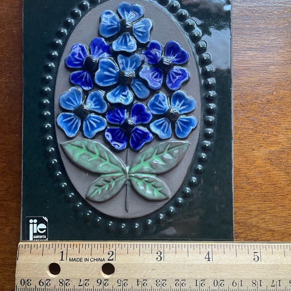 Vintage Jie Gantofta Sweden Ceramic Blue Flower Rectangular Wall Plaque 1970's - Picture 10 of 11